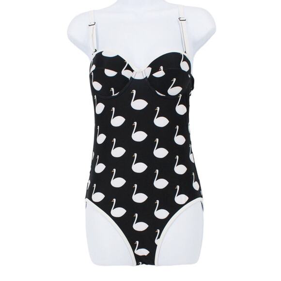 Swimsuit Vintage Style Structured One Piece  in Black White Swan Prints Size Sm - Picture 1 of 7